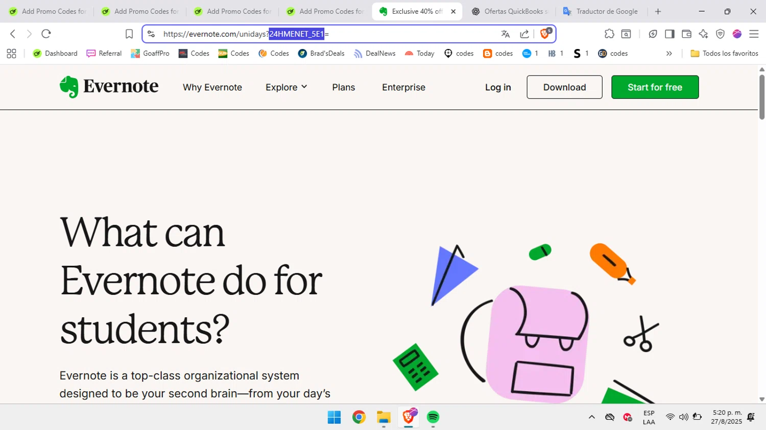 Evernote promo code screenshot showing code 24HMENET_5E1 applied at Evernote checkout page. Uploaded by SimplyCodes community member BabaYaga on Aug 28, 2025