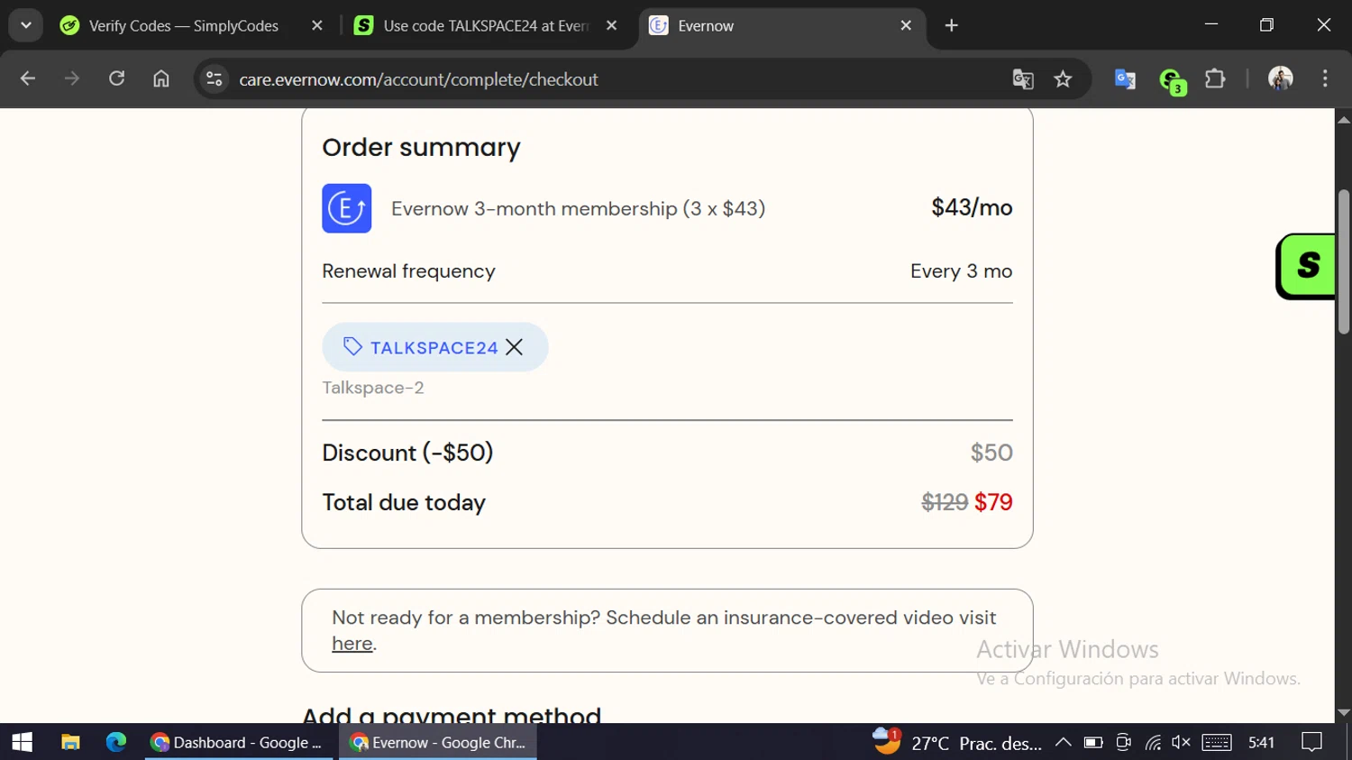 Evernow promo code screenshot showing code TALKSPACE24 applied at Evernow checkout page. Uploaded by SimplyCodes community member ariannycfh on Nov 19, 2025