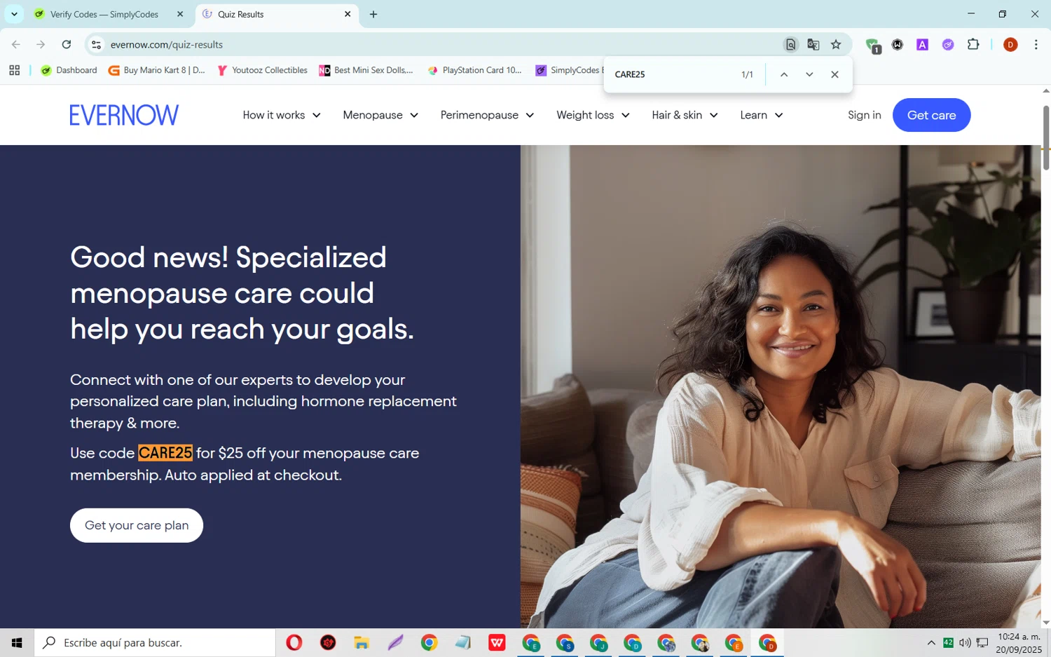 Evernow promo code screenshot showing code CARE25 applied at Evernow checkout page. Uploaded by SimplyCodes community member SaleSaver3540 on Sep 20, 2025