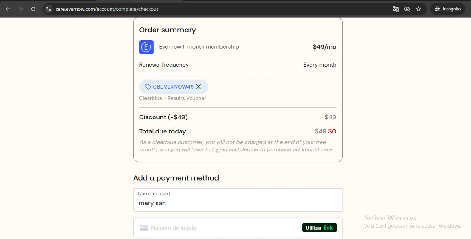 Evernow promo code screenshot showing code CBEVERNOW49 applied at Evernow checkout page. Uploaded by SimplyCodes community member UchihaMadara on Sep 28, 2025