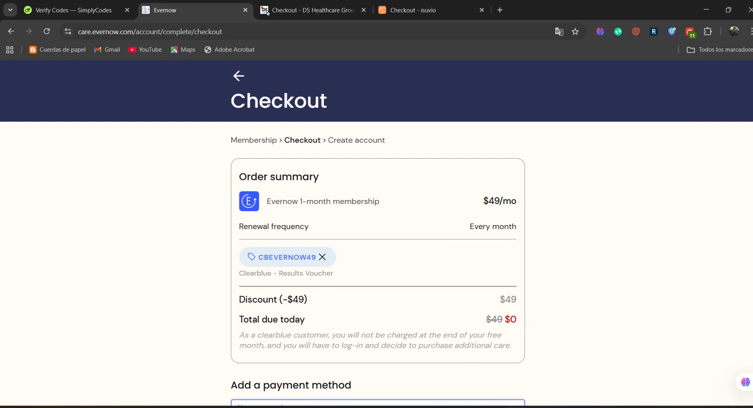 Evernow promo code screenshot showing code CBEVERNOW49 applied at Evernow checkout page. Uploaded by SimplyCodes community member naimbethak on Oct 27, 2025