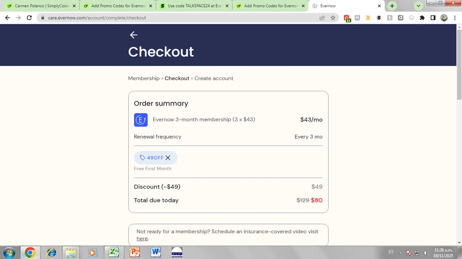 Evernow promo code screenshot showing code 49OFF applied at Evernow checkout page. Uploaded by SimplyCodes community member ESTHER3121 on Nov 19, 2025