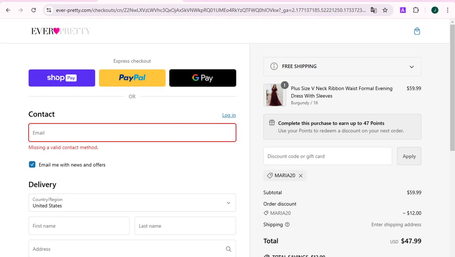 where to use Ever Pretty promo code box