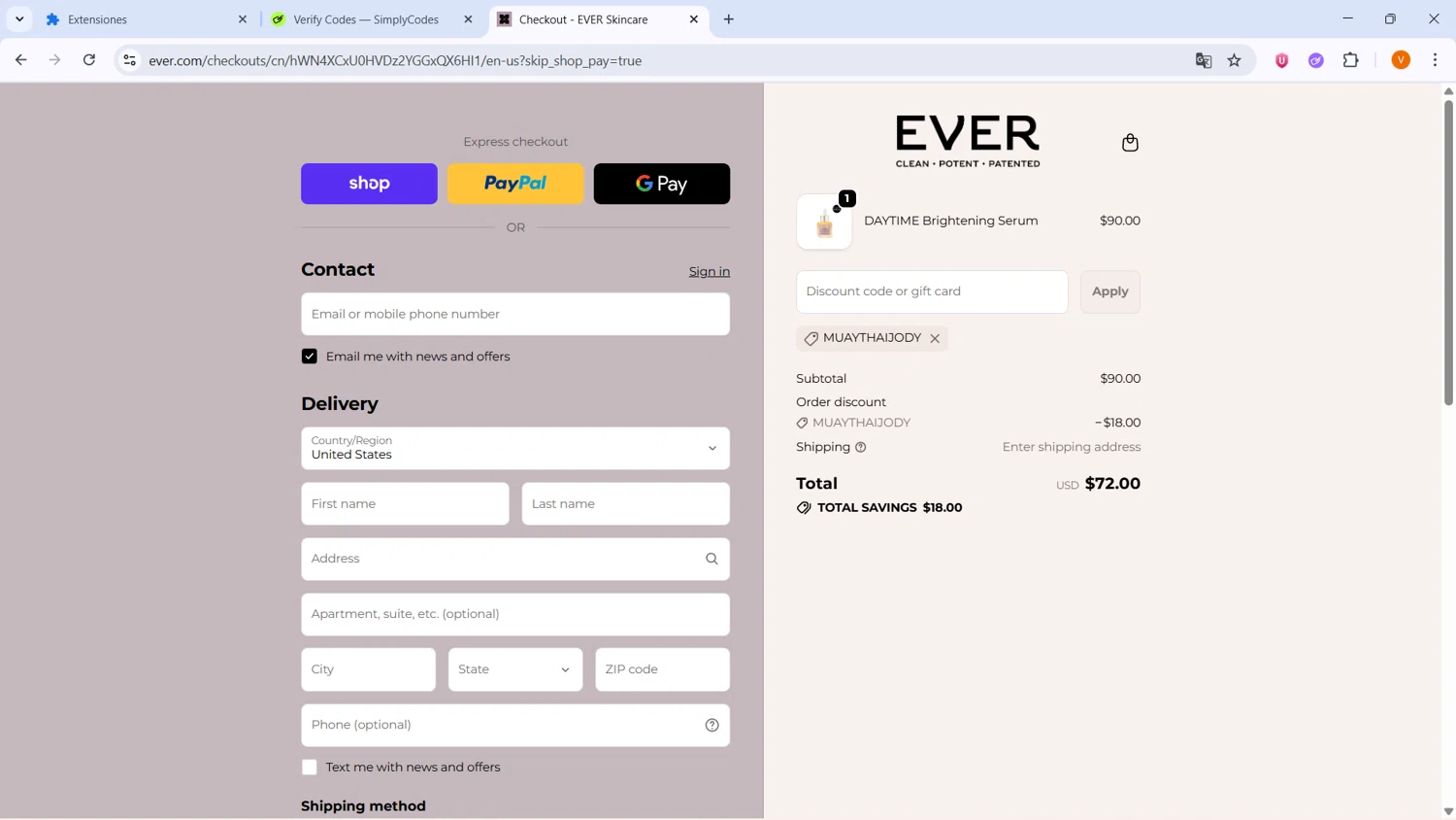 EVER Skincare coupon code screenshot showing code MUAYTHAIJODY applied at EVER Skincare checkout page. Uploaded by SimplyCodes community member BrilliantLion4485 on Oct 25, 2025