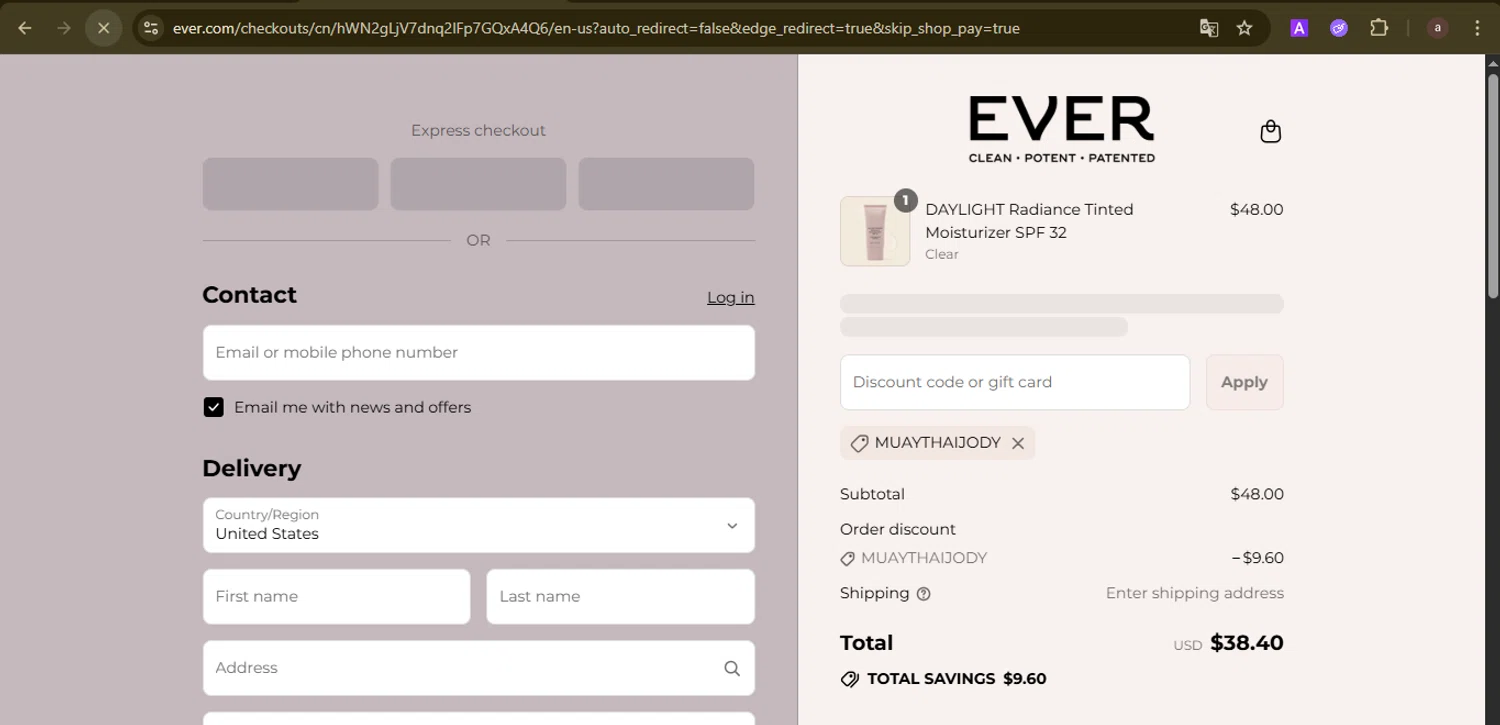 EVER Skincare coupon code screenshot showing code MUAYTHAIJODY applied at EVER Skincare checkout page. Uploaded by SimplyCodes community member GoldCurator1773 on Sep 7, 2025
