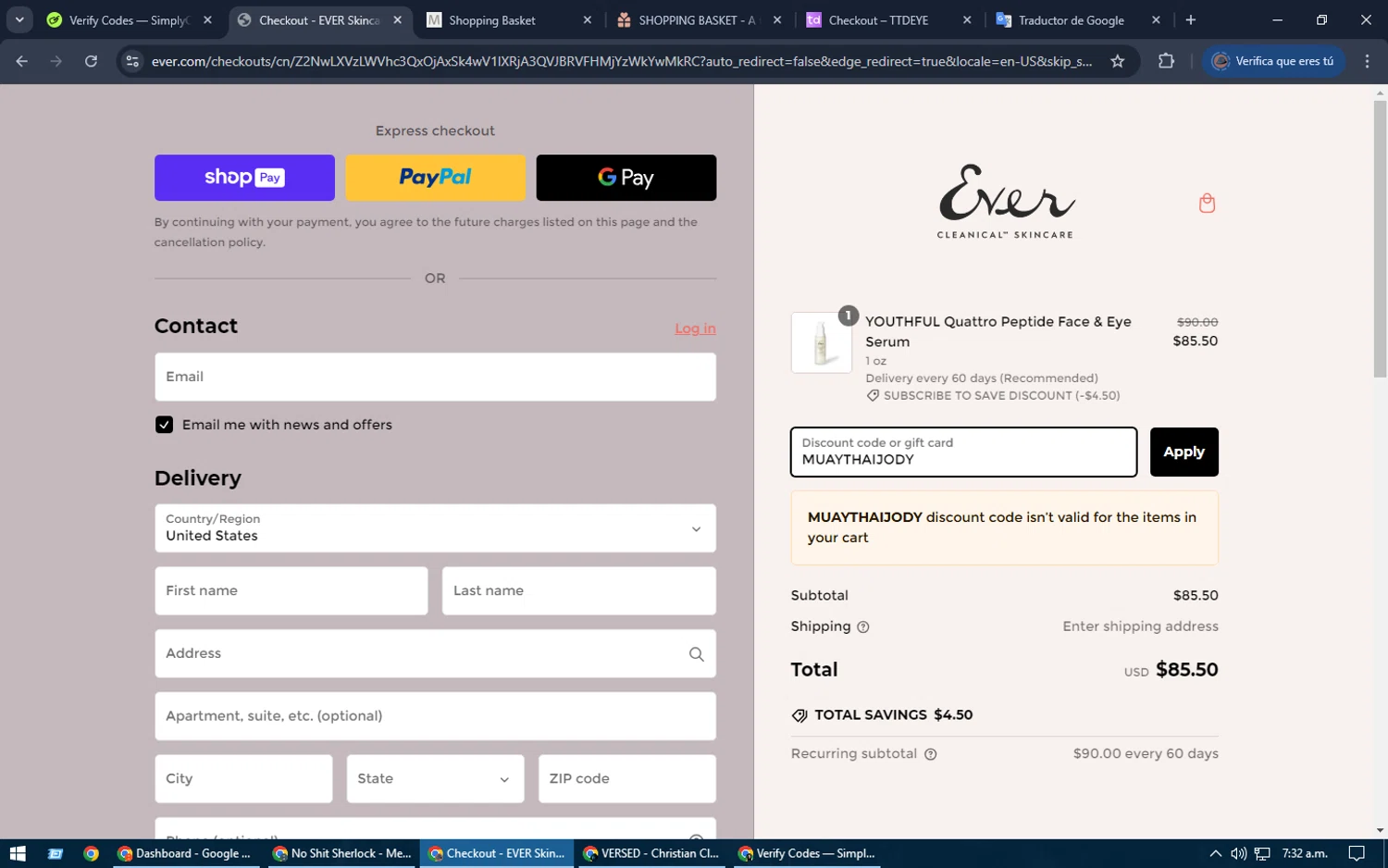 EVER Skincare coupon code screenshot showing code MUAYTHAIJODY applied at EVER Skincare checkout page. Uploaded by SimplyCodes community member SrSolomon on Feb 26, 2025