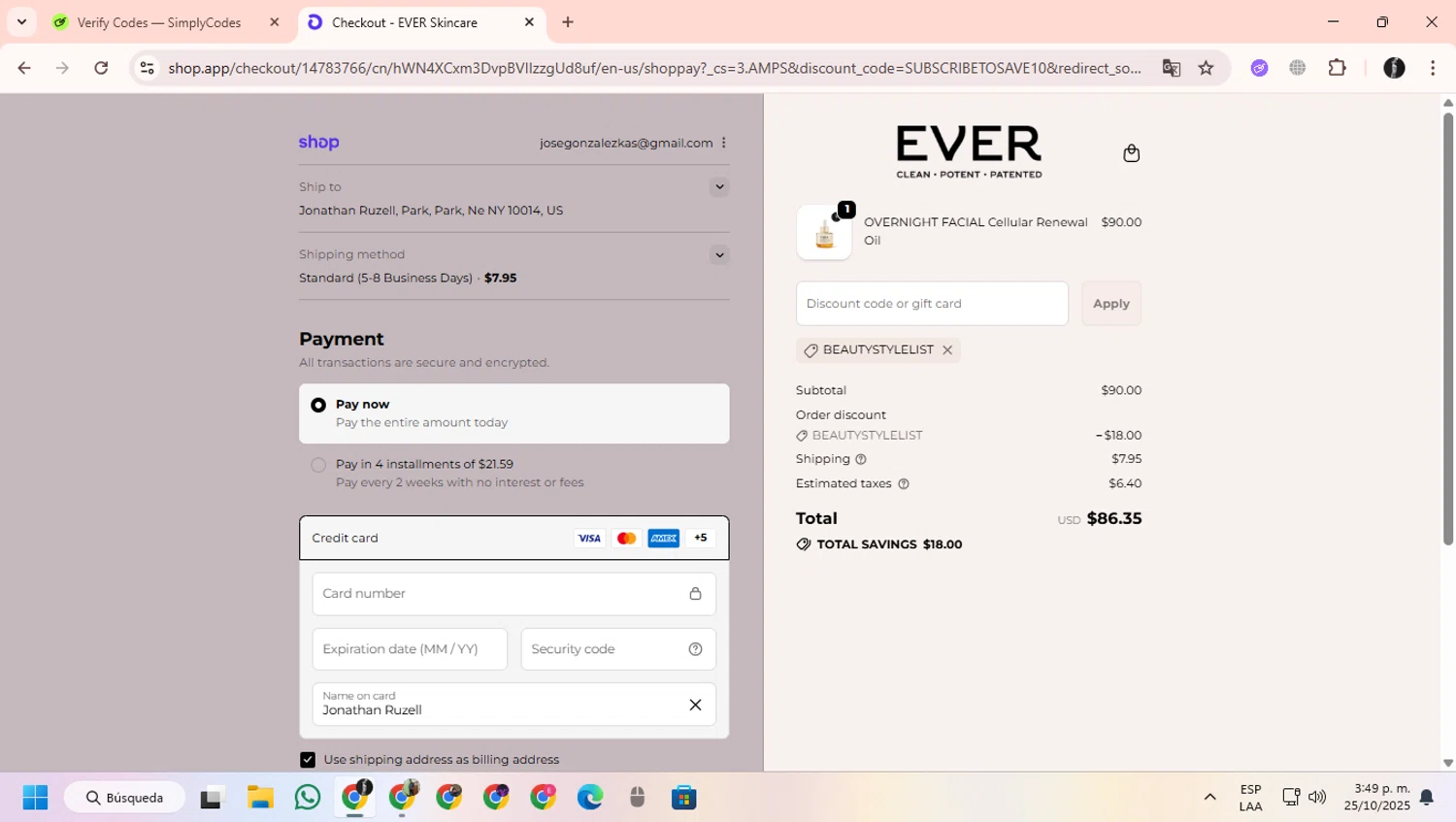 EVER Skincare coupon code screenshot showing code BEAUTYSTYLELIST applied at EVER Skincare checkout page. Uploaded by SimplyCodes community member ChinoYugiXD on Oct 25, 2025