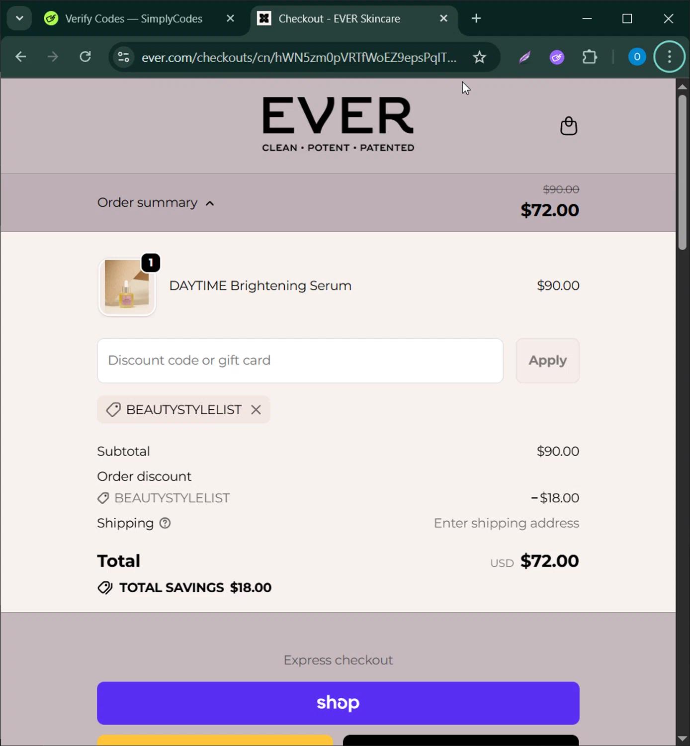 EVER Skincare coupon code screenshot showing code BEAUTYSTYLELIST applied at EVER Skincare checkout page. Uploaded by SimplyCodes community member CodeScholar4340 on Dec 3, 2025