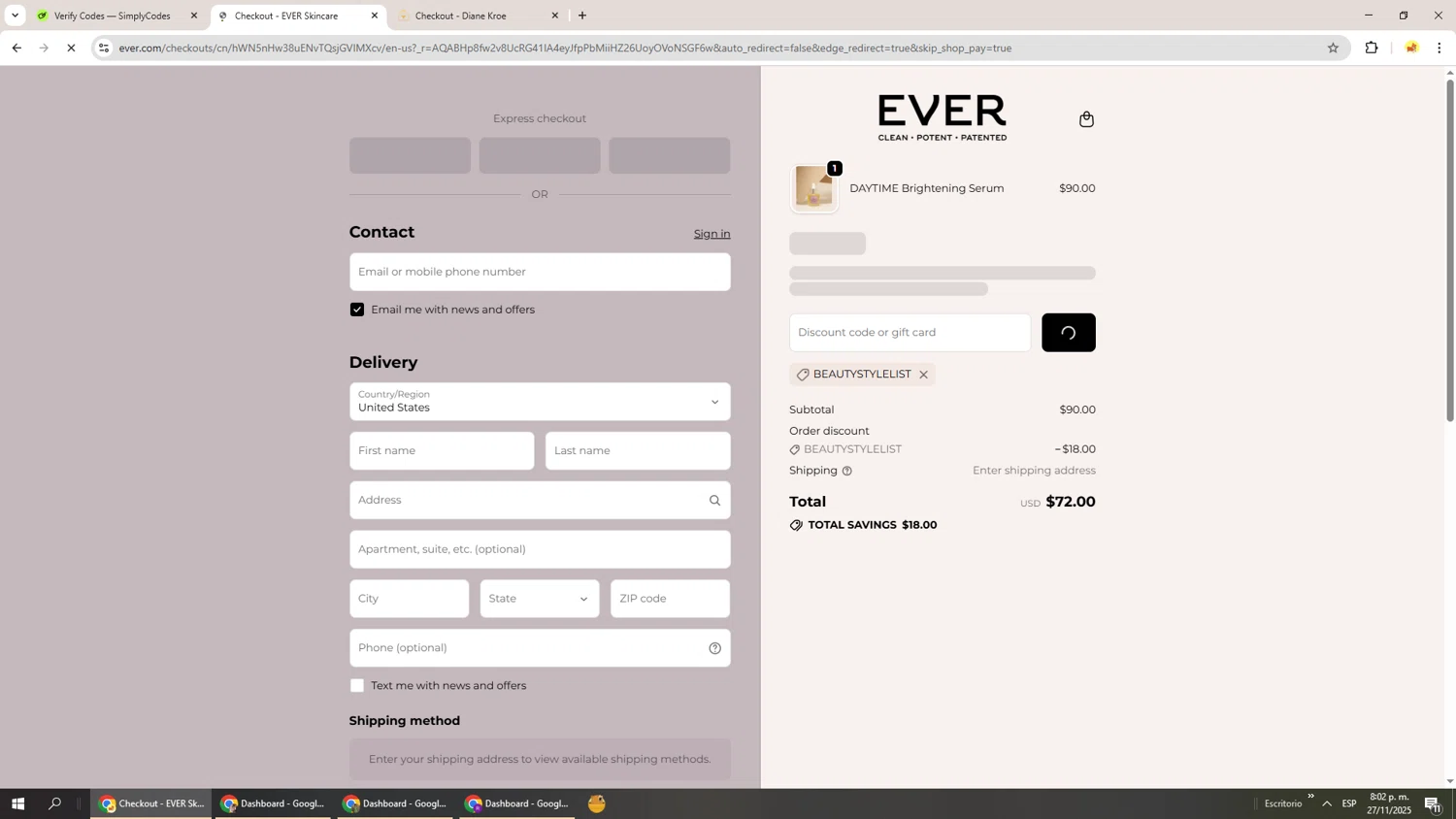 EVER Skincare coupon code screenshot showing code BEAUTYSTYLELIST applied at EVER Skincare checkout page. Uploaded by SimplyCodes community member Richard251 on Nov 28, 2025
