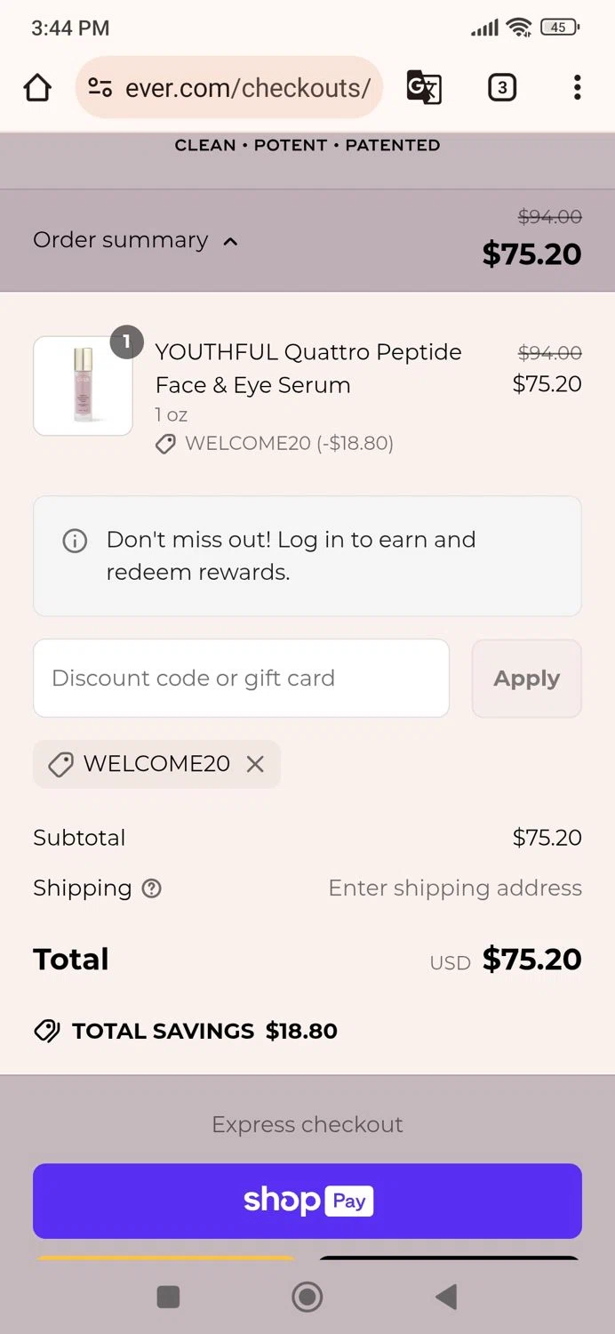 EVER Skincare coupon code screenshot showing code WELCOME20 applied at EVER Skincare checkout page. Uploaded by SimplyCodes community member Ric_alfon on Jun 17, 2025