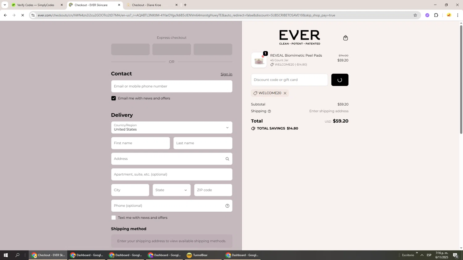 EVER Skincare coupon code screenshot showing code WELCOME20 applied at EVER Skincare checkout page. Uploaded by SimplyCodes community member Richard251 on Nov 6, 2025