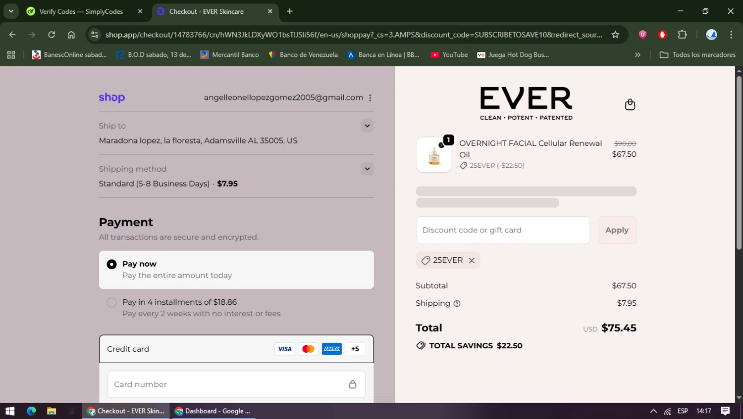 EVER Skincare coupon code screenshot showing code 25ever applied at EVER Skincare checkout page. Uploaded by SimplyCodes community member TreasureShopper9156 on Sep 23, 2025