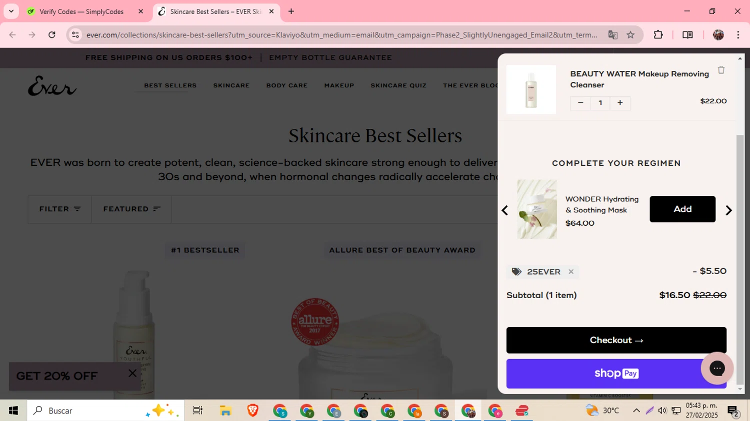 EVER Skincare coupon code screenshot showing code 25ever applied at EVER Skincare checkout page. Uploaded by SimplyCodes community member BargainExpert9390 on Feb 27, 2025