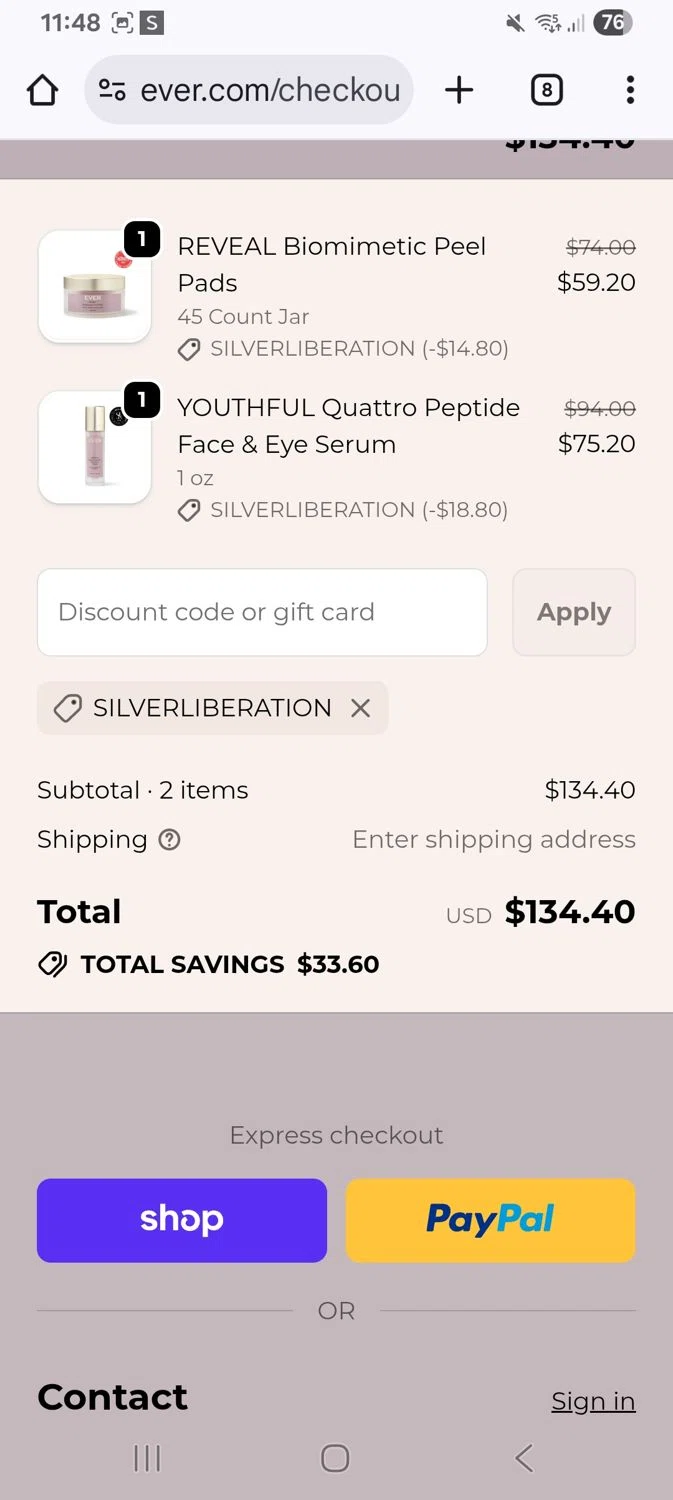 EVER Skincare coupon code screenshot showing code Silverliberation applied at EVER Skincare checkout page. Uploaded by SimplyCodes community member KarinaHZ on Dec 28, 2025