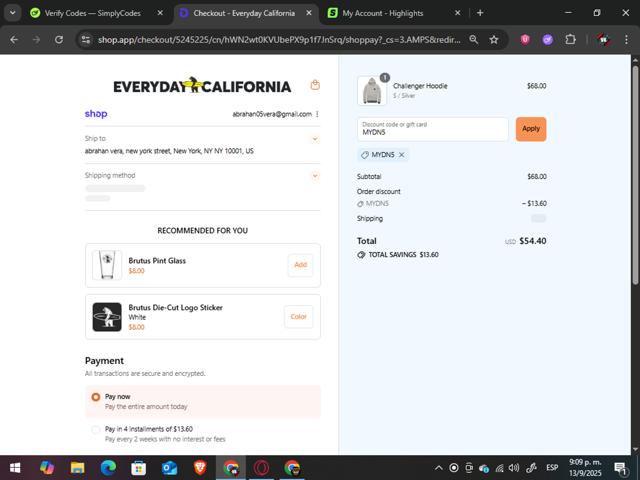 Everyday California checkout page showing Everyday California discount code box | Screenshot taken by SimplyCodes community member on Sep 14, 2025