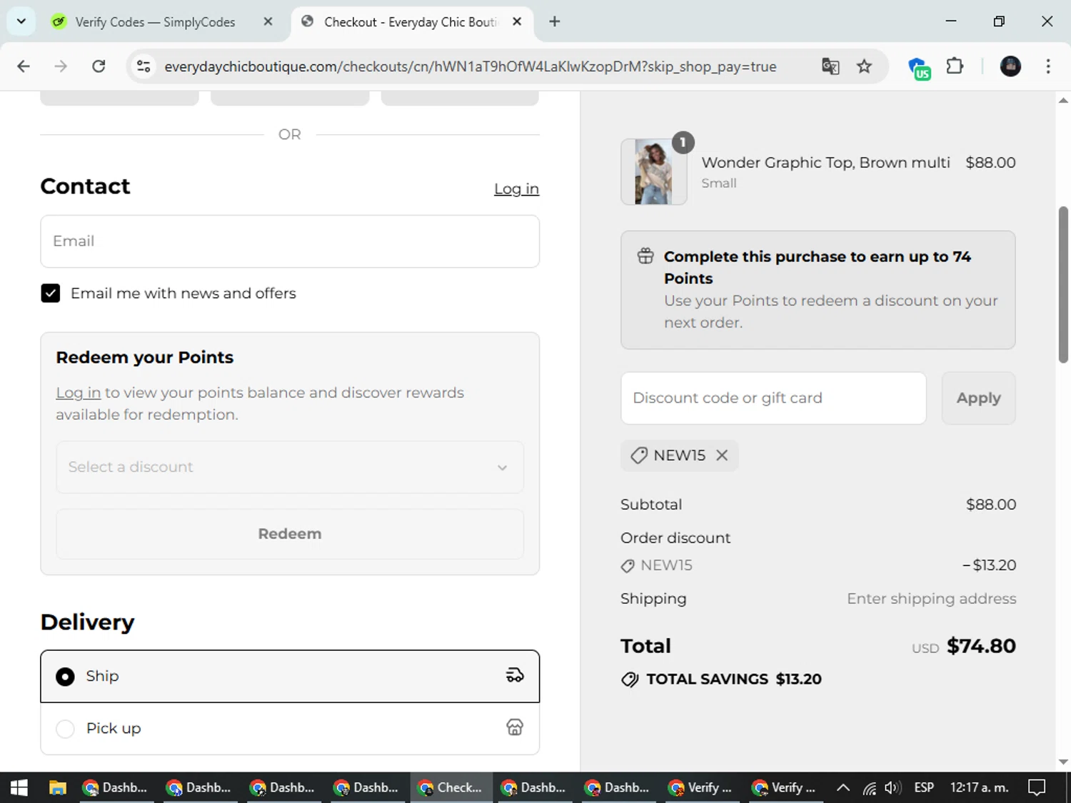 Everyday Chic Boutique coupon code screenshot showing code NEW15 applied at Everyday Chic Boutique checkout page. Uploaded by SimplyCodes community member ValueElite5945 on Aug 9, 2025