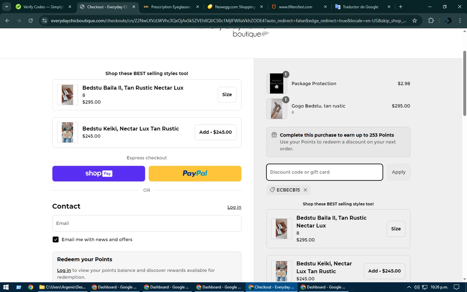 Everyday Chic Boutique coupon code screenshot showing code ecbecb15 applied at Everyday Chic Boutique checkout page. Uploaded by SimplyCodes community member Kurokenshi on Mar 10, 2025
