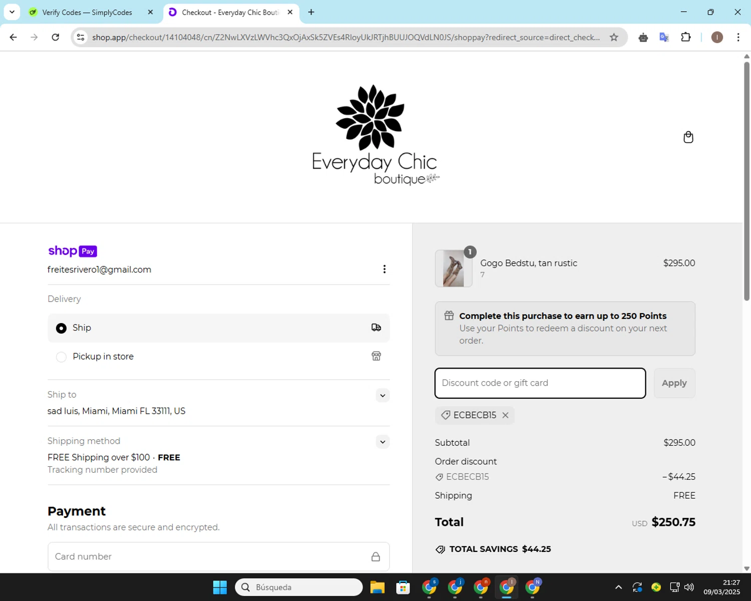 Everyday Chic Boutique coupon code screenshot showing code ecbecb15 applied at Everyday Chic Boutique checkout page. Uploaded by SimplyCodes community member CashSleuth106 on Mar 10, 2025