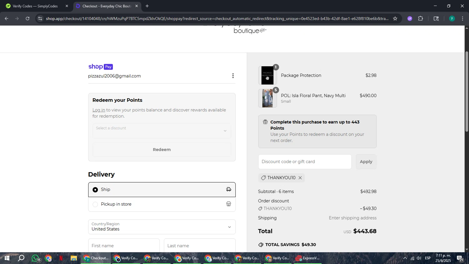 Everyday Chic Boutique coupon code screenshot showing code THANKYOU10 applied at Everyday Chic Boutique checkout page. Uploaded by SimplyCodes community member FrugalCaptain6906 on Jun 25, 2025