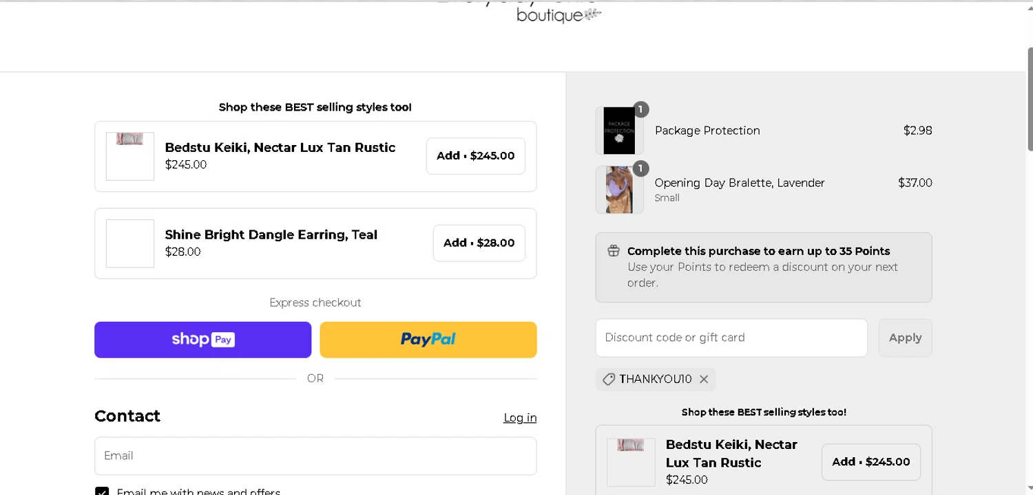Everyday Chic Boutique coupon code screenshot showing code THANKYOU10 applied at Everyday Chic Boutique checkout page. Uploaded by SimplyCodes community member rosatulos_423295234 on Apr 19, 2025