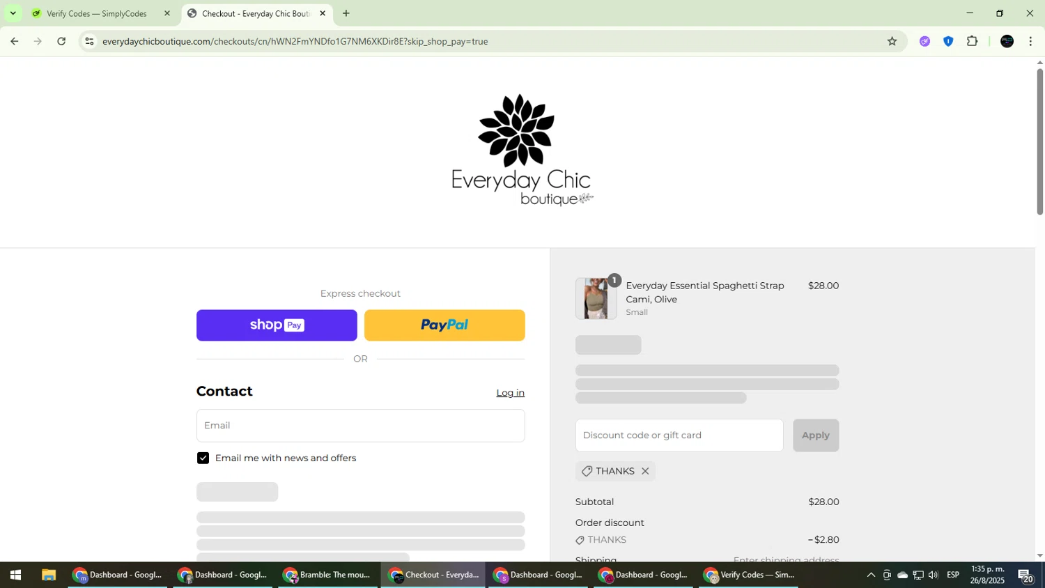 Everyday Chic Boutique coupon code screenshot showing code Thanks applied at Everyday Chic Boutique checkout page. Uploaded by SimplyCodes community member CarmenVGR on Aug 26, 2025