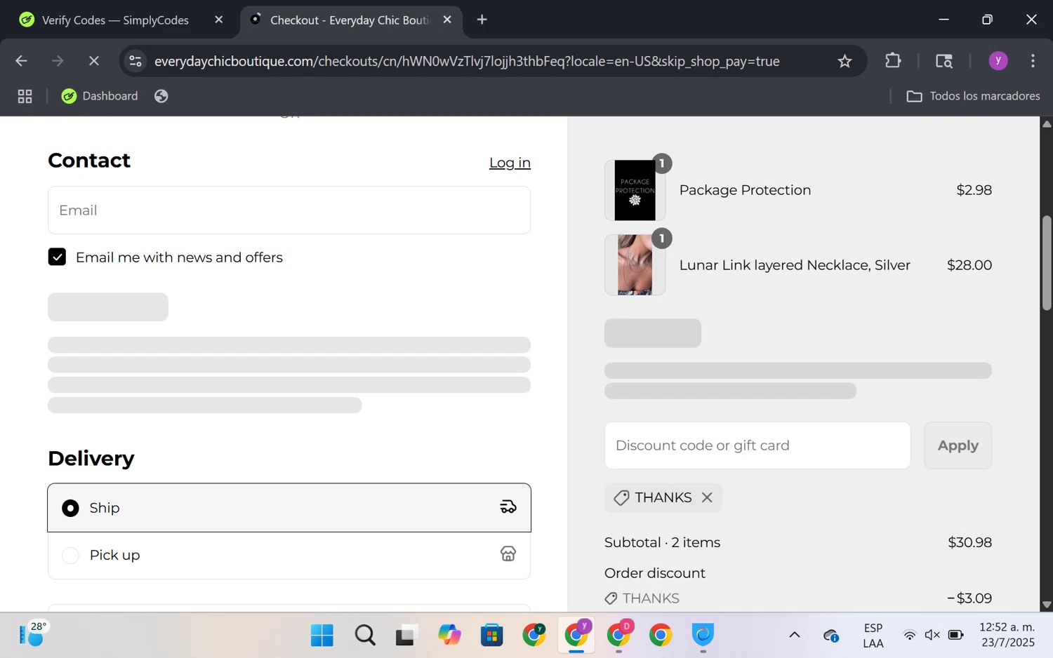 Everyday Chic Boutique coupon code screenshot showing code Thanks applied at Everyday Chic Boutique checkout page. Uploaded by SimplyCodes community member FrugalKnight6753 on Jul 23, 2025