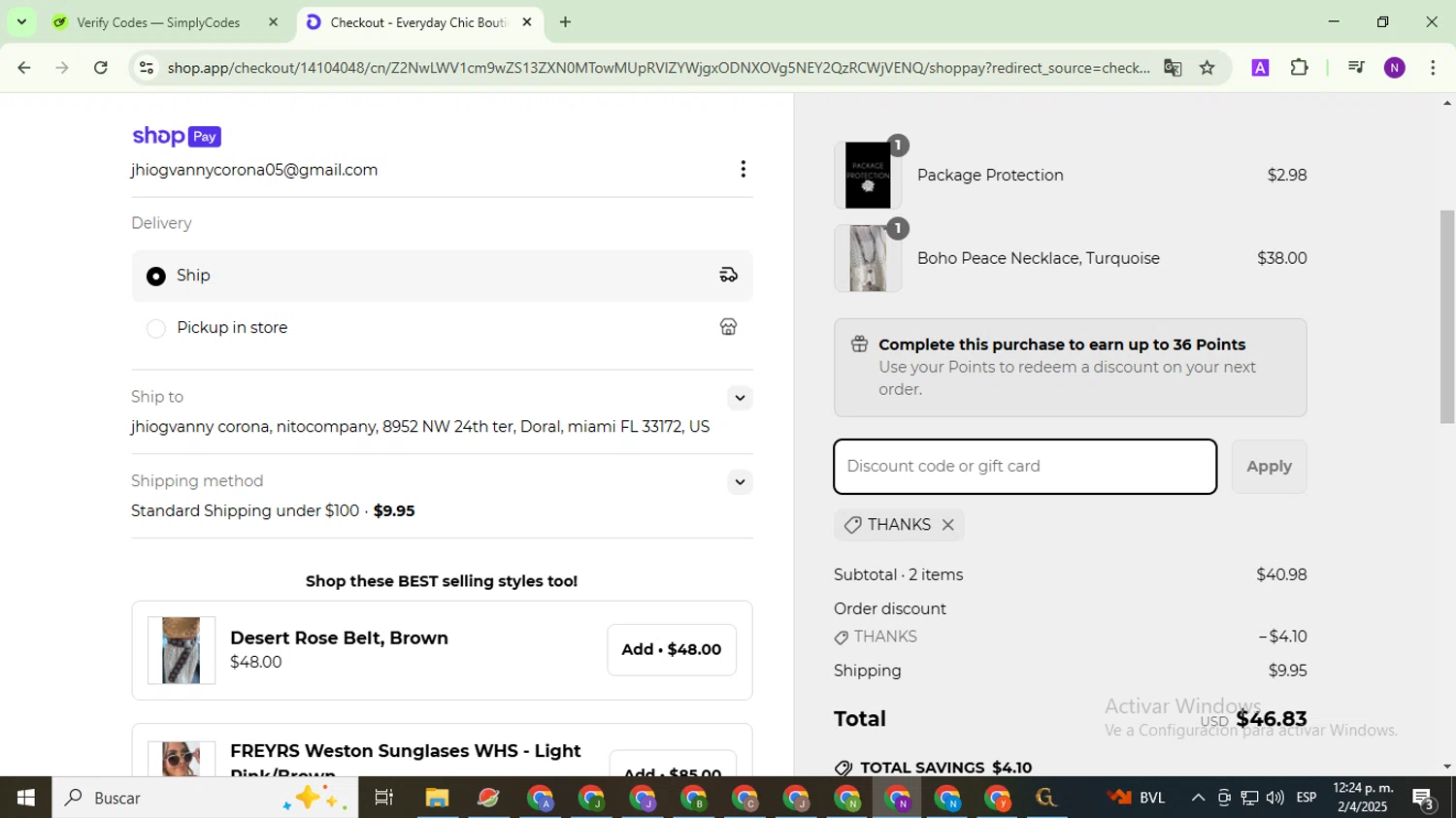Everyday Chic Boutique coupon code screenshot showing code Thanks applied at Everyday Chic Boutique checkout page. Uploaded by SimplyCodes community member QuestOwl9632 on Apr 2, 2025
