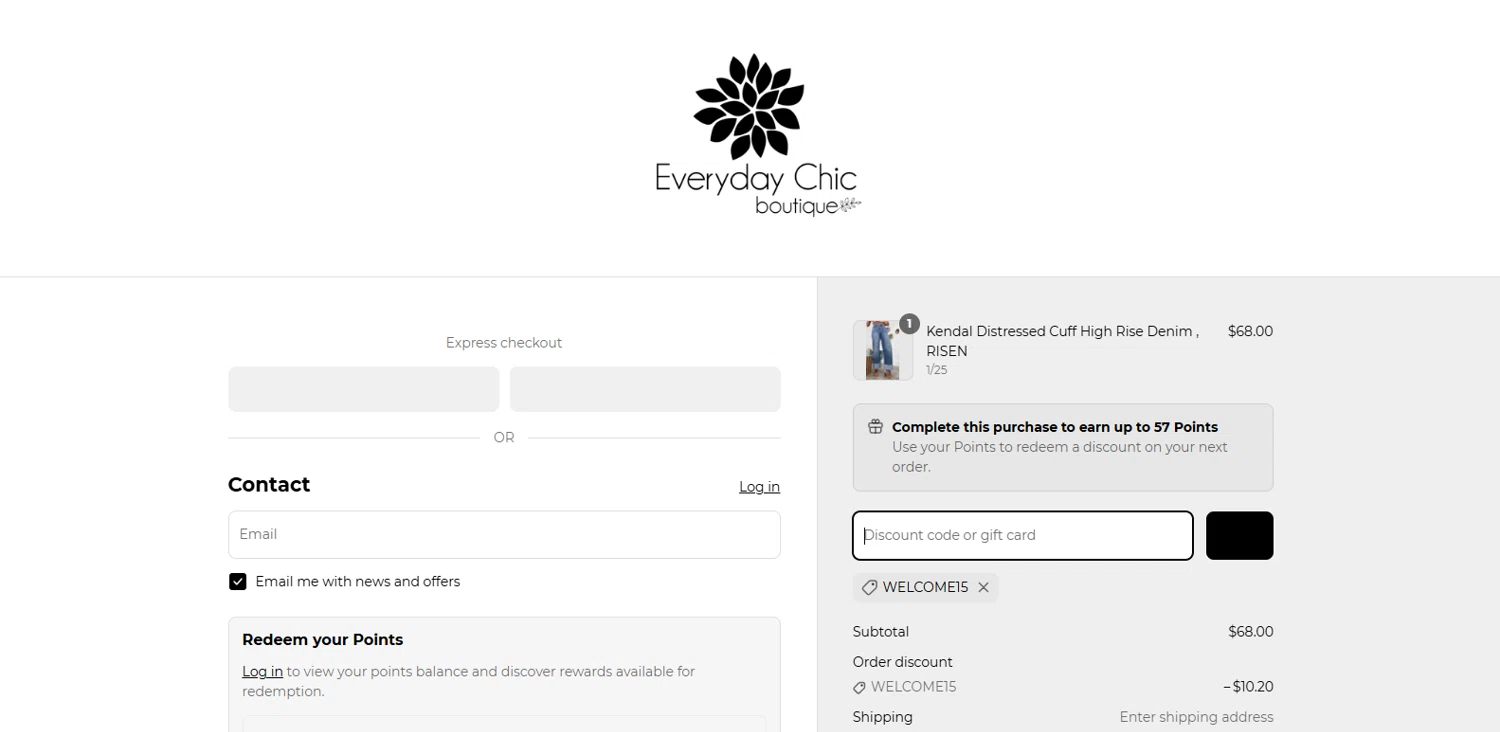 Everyday Chic Boutique coupon code screenshot showing code welcome15 applied at Everyday Chic Boutique checkout page. Uploaded by SimplyCodes community member BrillianteMaestro892 on Apr 10, 2025