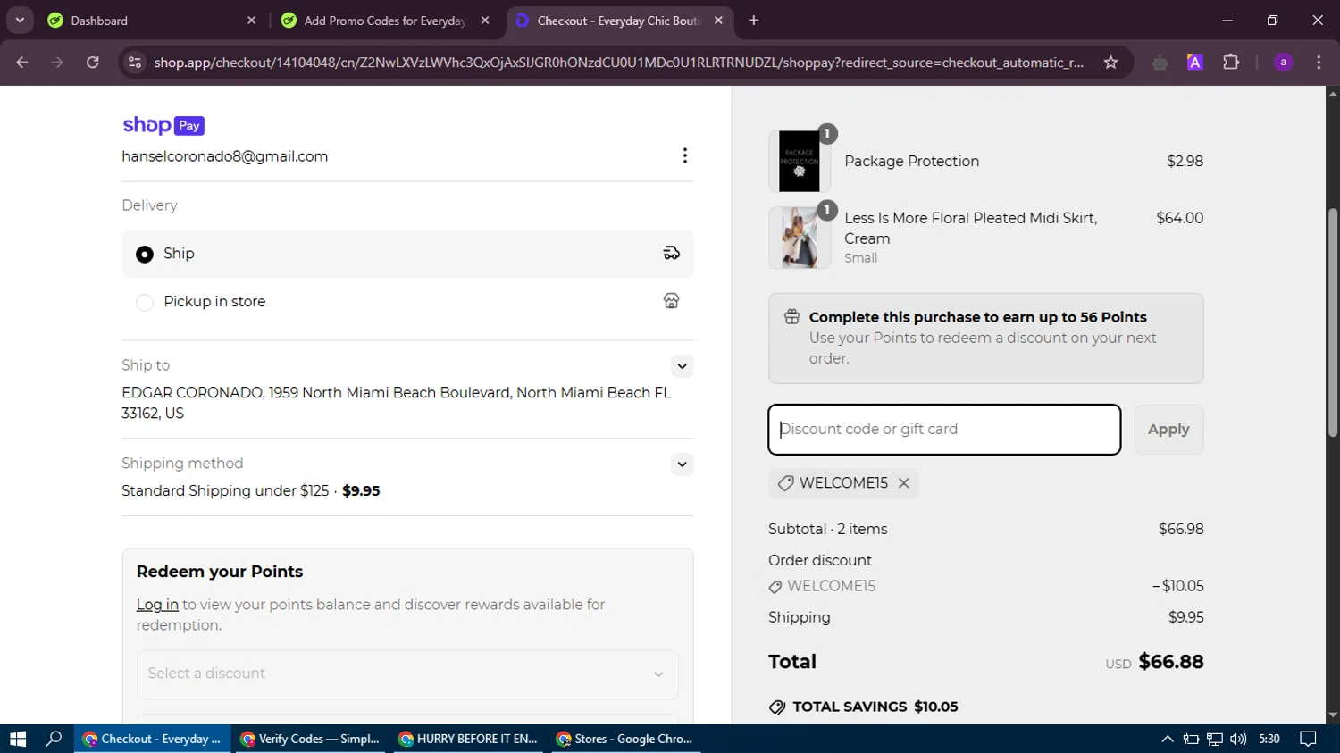 Everyday Chic Boutique coupon code screenshot showing code welcome15 applied at Everyday Chic Boutique checkout page. Uploaded by SimplyCodes community member thethru on Apr 10, 2025