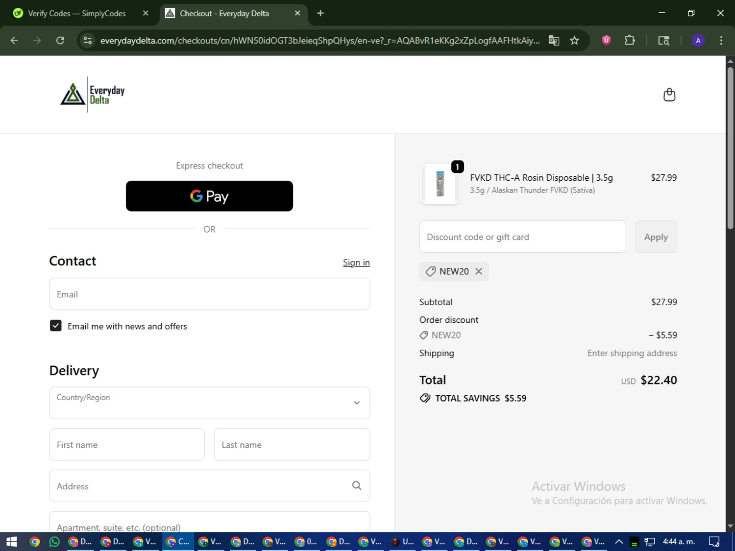 Everyday Delta coupon code screenshot showing code NEW20 applied at Everyday Delta checkout page. Uploaded by SimplyCodes community member MagnificentWarden4603 on Nov 7, 2025