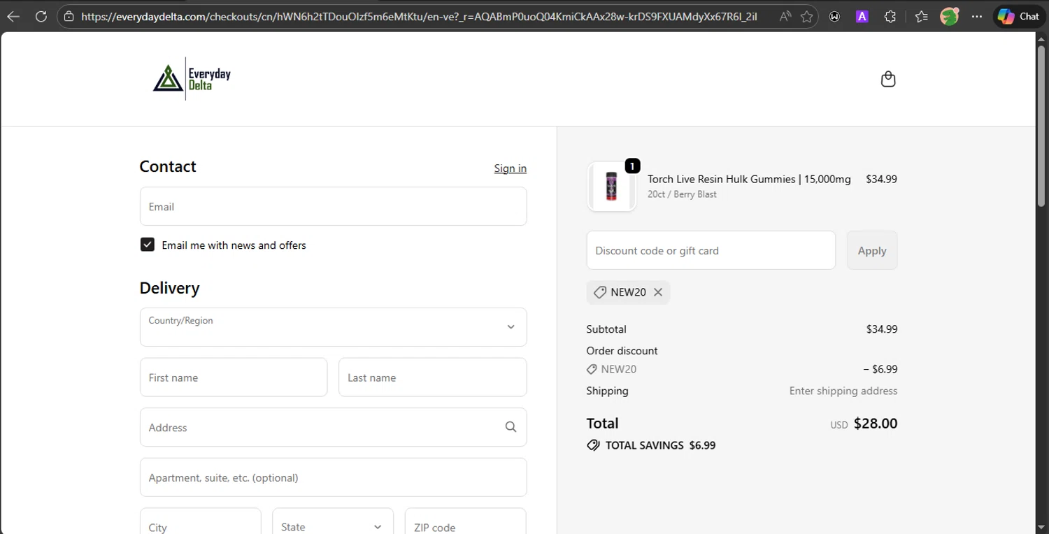 Everyday Delta coupon code screenshot showing code NEW20 applied at Everyday Delta checkout page. Uploaded by SimplyCodes community member PrincessCoupon on Dec 21, 2025