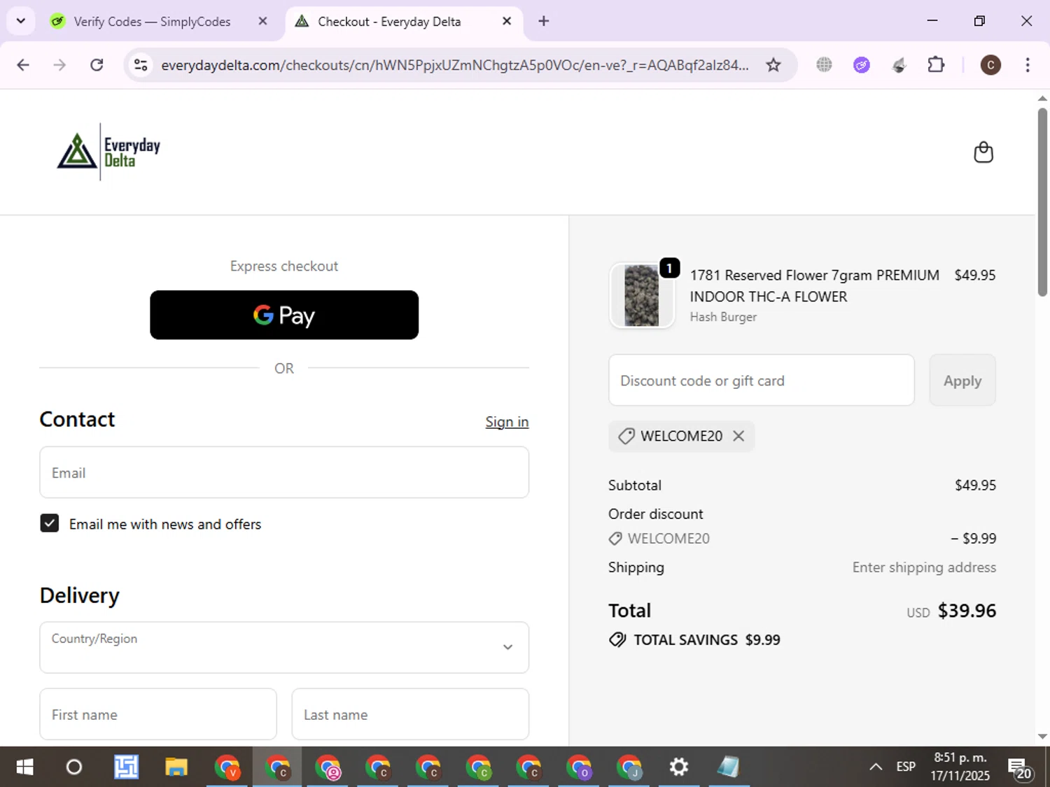 Everyday Delta coupon code screenshot showing code WELCOME20 applied at Everyday Delta checkout page. Uploaded by SimplyCodes community member ExtraordinaryPro8536 on Nov 18, 2025