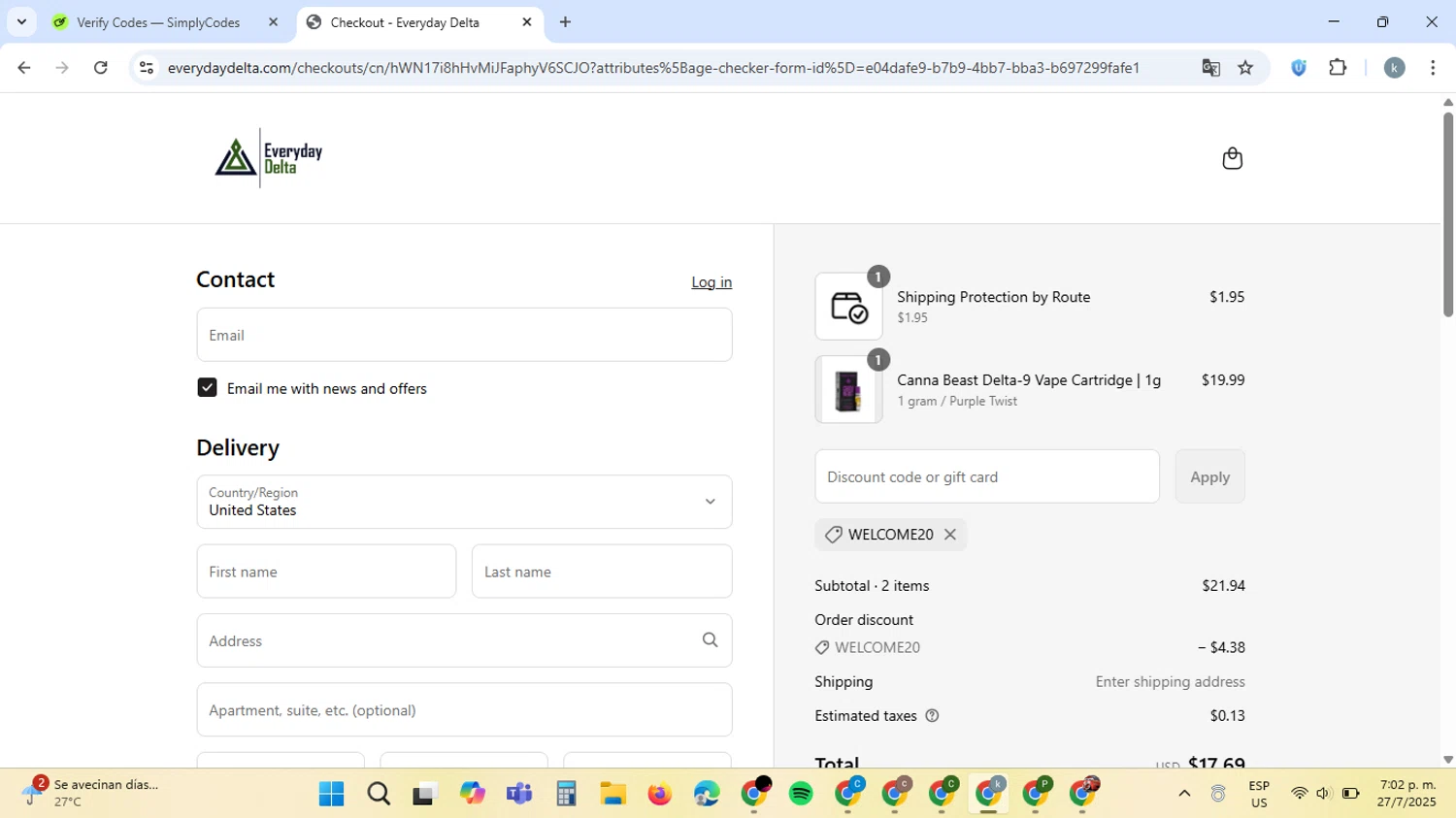 Everyday Delta coupon code screenshot showing code WELCOME20 applied at Everyday Delta checkout page. Uploaded by SimplyCodes community member ValiantCaptain6560 on Jul 27, 2025
