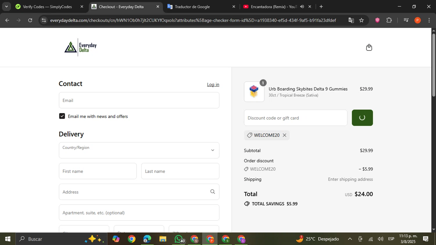 Everyday Delta coupon code screenshot showing code WELCOME20 applied at Everyday Delta checkout page. Uploaded by SimplyCodes community member VictoriousCaptain2658 on Aug 4, 2025