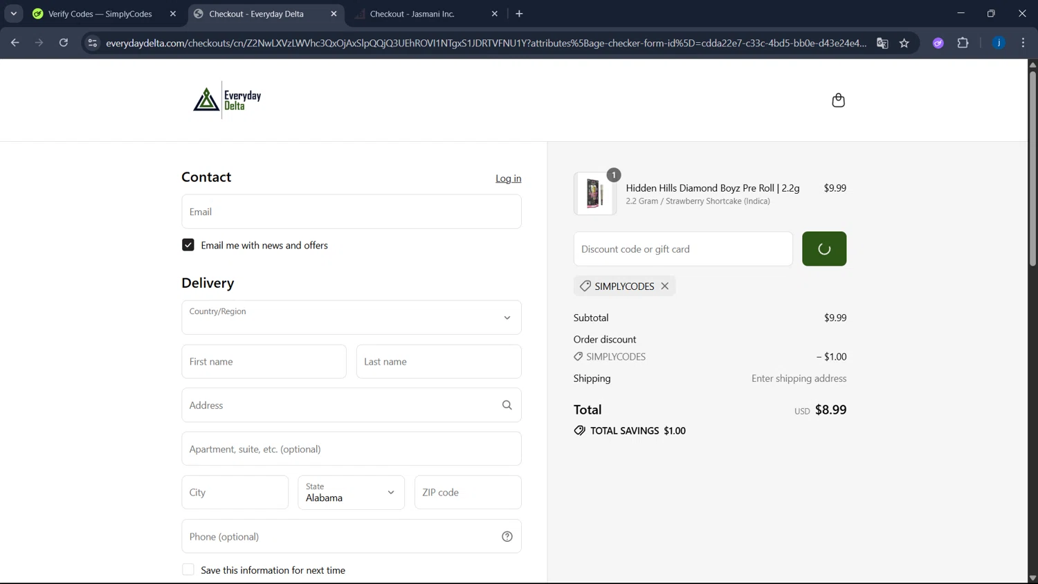 Everyday Delta coupon code screenshot showing code SIMPLYCODES applied at Everyday Delta checkout page. Uploaded by SimplyCodes community member CodeSaver4373 on Jul 9, 2025