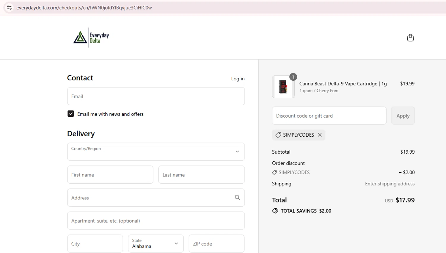Everyday Delta coupon code screenshot showing code SIMPLYCODES applied at Everyday Delta checkout page. Uploaded by SimplyCodes community member Teamgorila on Jul 17, 2025