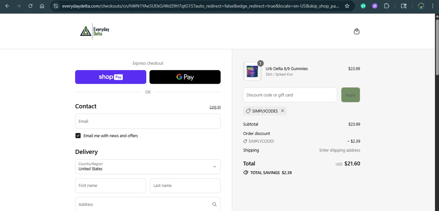 Everyday Delta coupon code screenshot showing code SIMPLYCODES applied at Everyday Delta checkout page. Uploaded by SimplyCodes community member xAngel on Aug 8, 2025