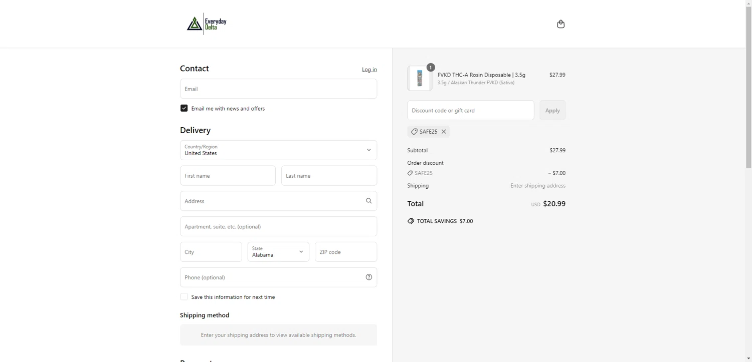Everyday Delta coupon code screenshot showing code SAFE25 applied at Everyday Delta checkout page. Uploaded by SimplyCodes community member DiscountWarden480 on Jun 29, 2025