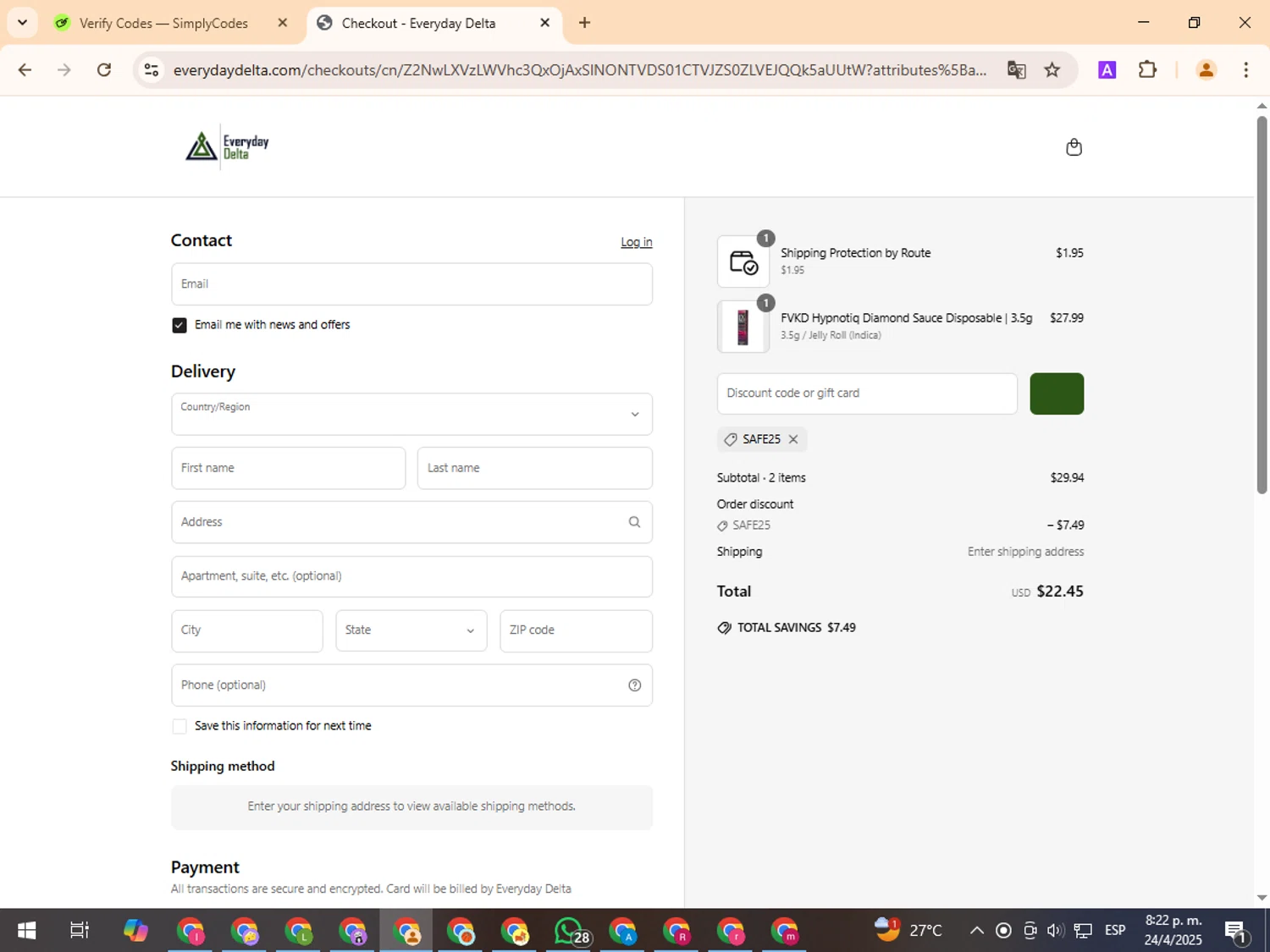 Everyday Delta coupon code screenshot showing code SAFE25 applied at Everyday Delta checkout page. Uploaded by SimplyCodes community member TreasurePro466 on Apr 25, 2025
