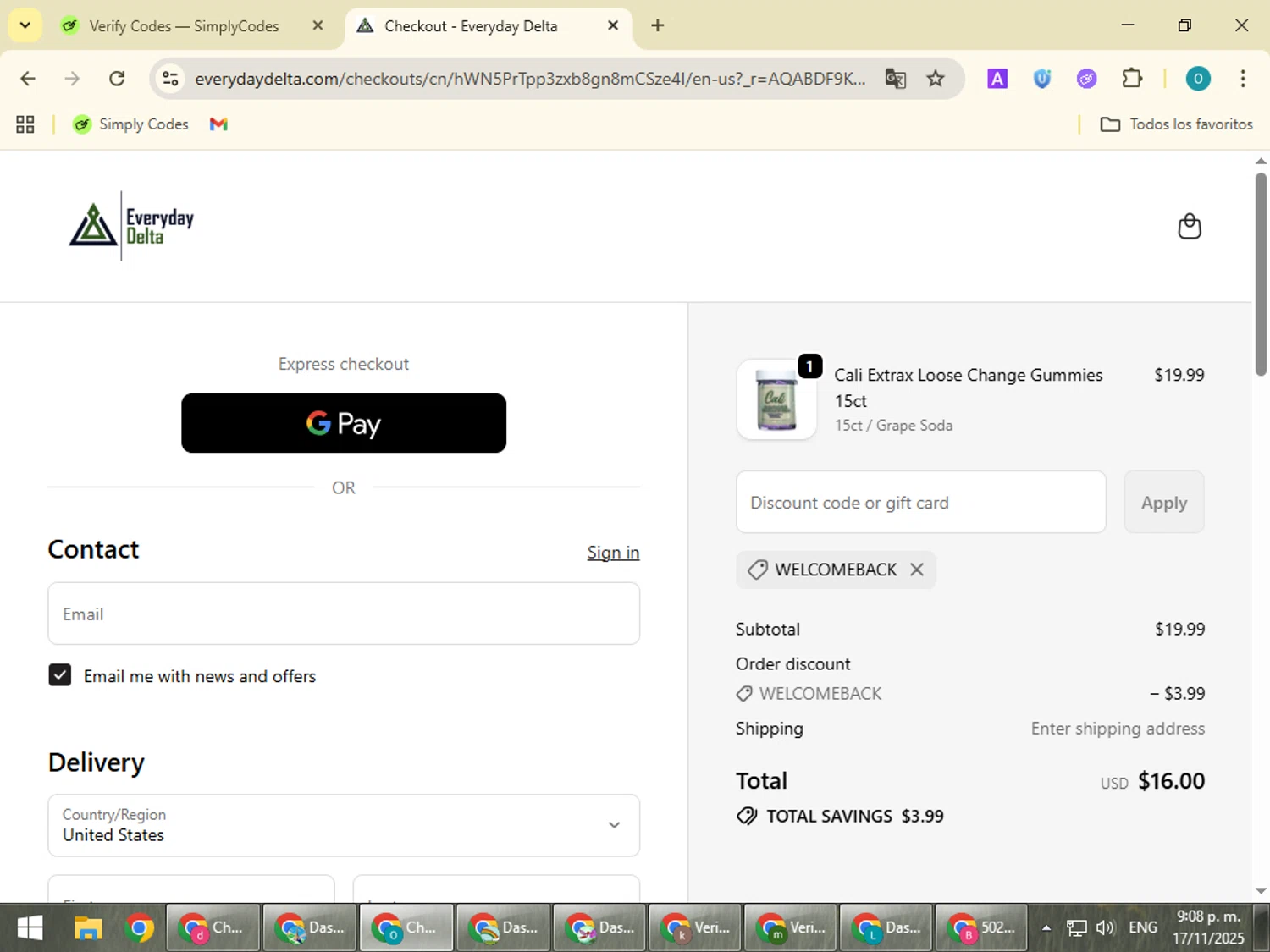Everyday Delta coupon code screenshot showing code WELCOMEBACK applied at Everyday Delta checkout page. Uploaded by SimplyCodes community member BudgetSeeker9524 on Nov 18, 2025