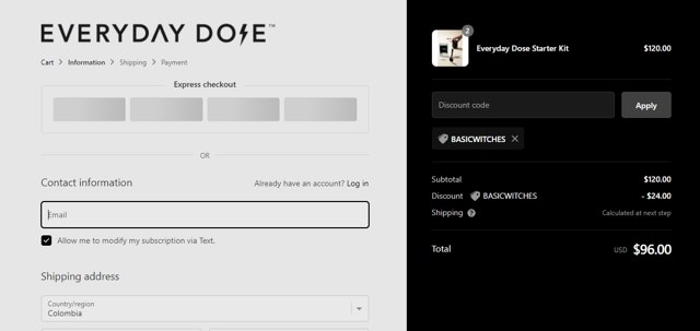 Everyday Dose checkout page showing Everyday Dose discount code box | Screenshot taken by SimplyCodes community member on Feb 28, 2022