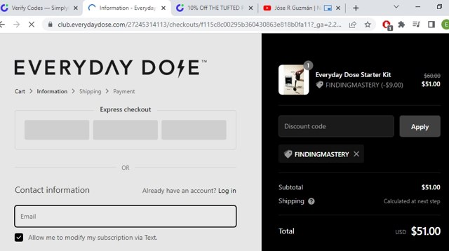 Everyday Dose checkout page showing Everyday Dose discount code box | Screenshot taken by SimplyCodes community member on May 5, 2022