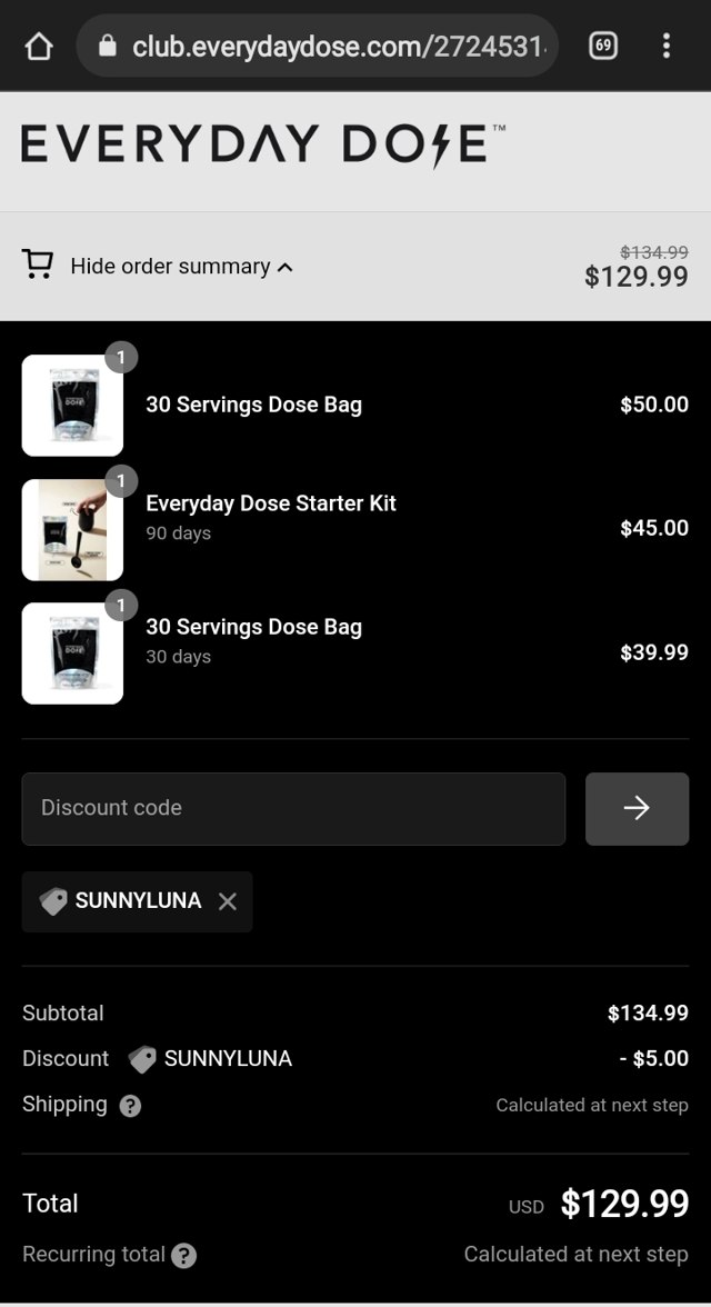 Everyday Dose checkout page showing Everyday Dose discount code box | Screenshot taken by SimplyCodes community member on Apr 4, 2022
