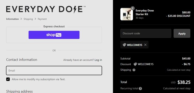 Everyday Dose checkout page showing Everyday Dose discount code box | Screenshot taken by SimplyCodes community member on May 17, 2022