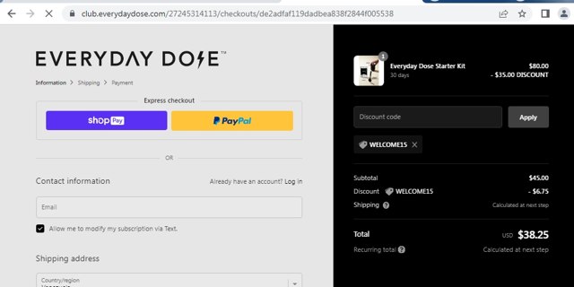 Everyday Dose checkout page showing Everyday Dose discount code box | Screenshot taken by SimplyCodes community member on Apr 17, 2022