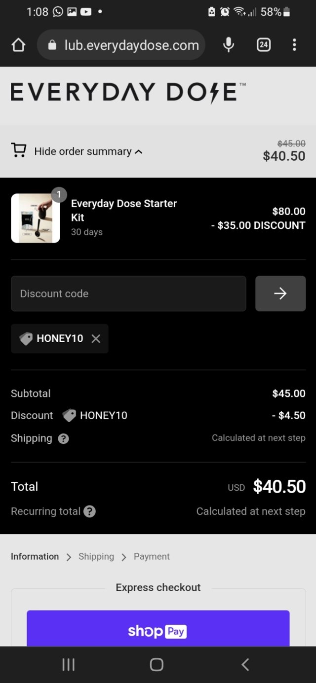 Everyday Dose checkout page showing Everyday Dose discount code box | Screenshot taken by SimplyCodes community member on Jul 10, 2022