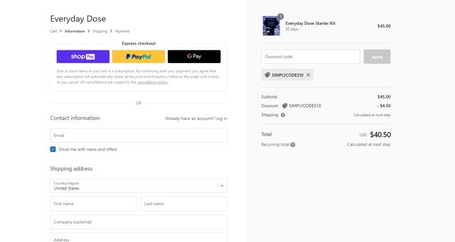 Everyday Dose checkout page showing Everyday Dose discount code box | Screenshot taken by SimplyCodes community member on Sep 13, 2022
