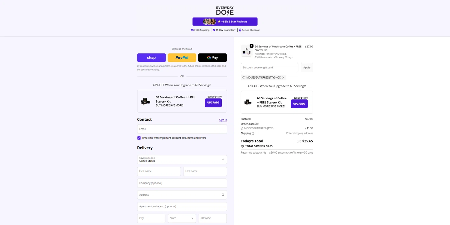 Everyday Dose promo code screenshot showing code MOISESGUTIERREZ-JTTY3HCC applied at Everyday Dose checkout page. Uploaded by SimplyCodes community member reggiesmith on Feb 6, 2026