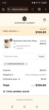 UNIONSAVINGS20 coupon verification screenshot