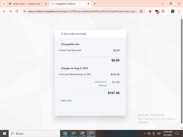 Every Mother checkout page showing Every Mother coupon code box | Screenshot taken by SimplyCodes community member on Aug 2, 2025